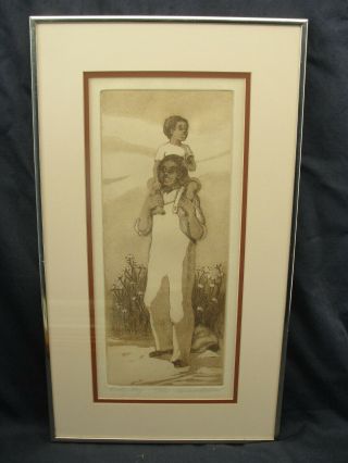 Vintage Engraving Of Young Boy On His Fathers Shoulders By Barbara Esteves