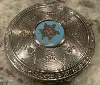 Antique Vintage Art Deco Guilloche Enamel Silver Compact Blue With Pink Rose