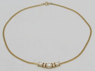 Vintage Trifari 17 " Rhinestone And Pearl Cabochon Gold Plate Choker Necklace