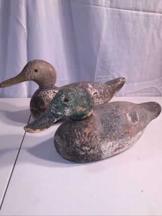 Vintage Antique Primitive Solid Wood Carved Duck Decoys,  Pair,  Glass Eyes