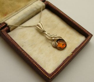 Lovely Vintage Art Nouveau Style Sterling Silver Amber Pendant W 18 " Curb Chain