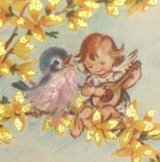 Vintage Greeting Card,  Angel And Bird Playing Guitar,  Marjorie Cooper 6 "