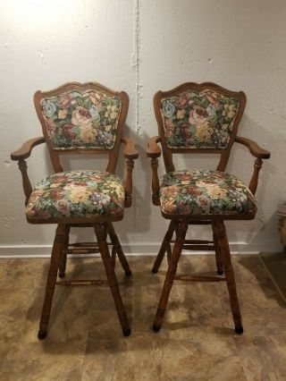 (2) Oak Swivel Counter Chairs With Floral Pattern Seat And Back Rest - Pre Owned