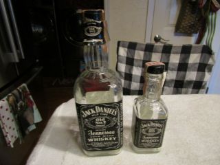 Vintage Jack Daniels Whiskey Embossed Matching 4/5 Quart Half Pint Glass Bottles