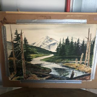 Vintage Oil Painting,  Framed,  River Scene,  Mountain,  Unsigned