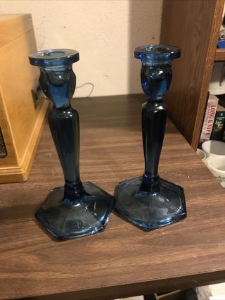 2 Vintage Fenton Glass 8 1/4 " Cobalt Blue Colonial Candlestick Candle Holders