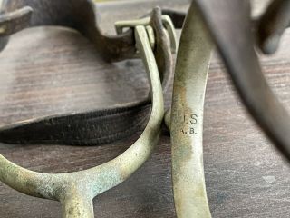 Vintage Antique Western Spurs Marked US AB Buermann Cavalry Leather Straps 2