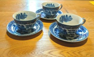 Set Of 3 Vintage Blue Willow Japan Cups And Saucers