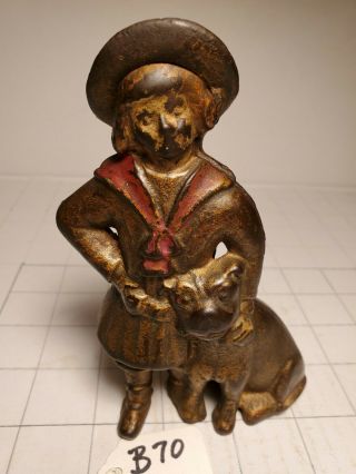 B - 70 Antique Cast Iron " Buster Brown & Tige " Bank,  Good Worn
