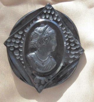 Large Antique Art Deco Hand Carved Black Bakelite Cameo Mourning Pin Brooch