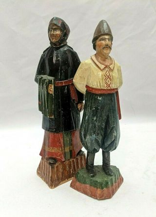 Rare Set Of 2 Antique Hand - Carved Wooden Figurines Made In Soviet Union (ussr)