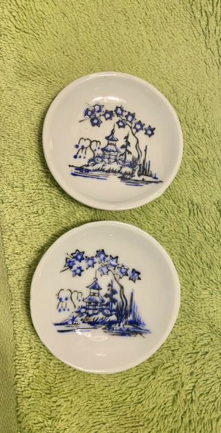 Two Vtg Mini Hand Painted Blue & White Willow Butter Pat Plate Japan -