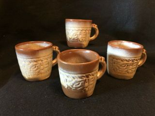 Vintage Frankoma Set Of 4 7c Coffee Mugs Desert Gold Mayan Aztec Design 3 " High
