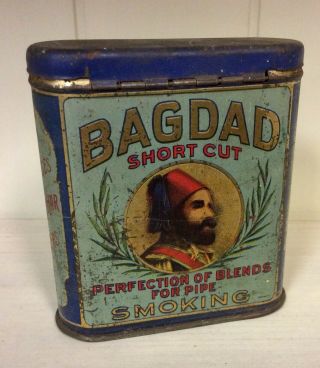Bagdad Short Cut Tobacco Vertical Antique Pocket Tin,  Perfection Of Blends Pipe