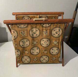 Vintage Folding Sewing Knitting Basket Fabric W/ Wood Frame