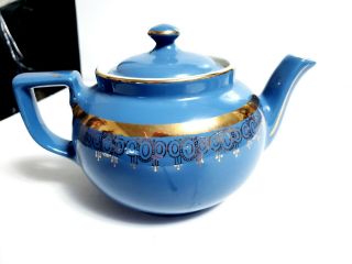 Vintage Hall Dresden Blue W/ Art Deco Gold Filigree Boston 6 Cup Teapot