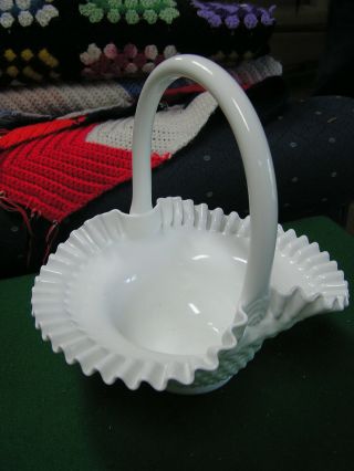 Vintage Large Milk Glass Ruffled Hobnail Pedestal Basket. . .