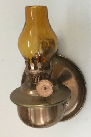 Vintage Miniature Copper Toned Wall Mount Oil Lamps/ Amber Globe