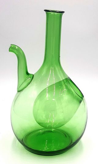 Vintage Hand Blown Glass Wine Bottle Decanter Ice Chamber Green Made In Italy