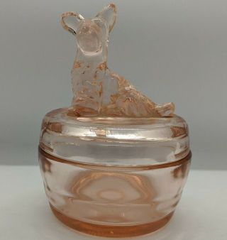 Vtg Jeannette Scotty Dog Scottish Terrier Pink Depression Glass Powder Jar Dish
