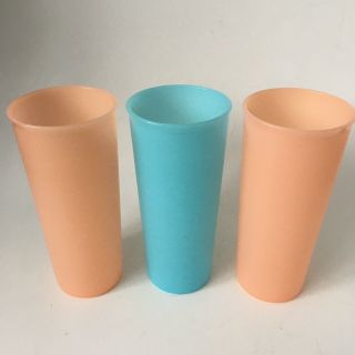Tupperware Tumblers Vintage Set Of 3 Pastel Colors 16 Oz Orange Blue Plastic Cup