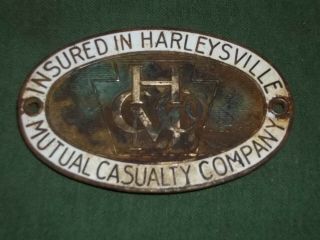 Antique Harleysville Mutual Casualty Co License Plate Topper Measures 3.  5 X 2.  25
