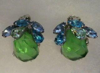 Vintage Signed Weiss Clip - On Earrings - Green And Blue Rhinestones