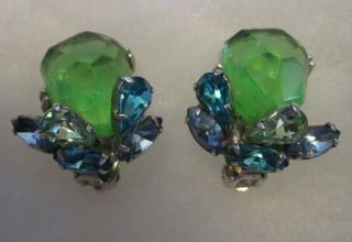Vintage Signed WEISS Clip - On Earrings - Green and Blue Rhinestones 2