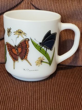Vintage White Coffee Mug With R.  Carman Butterfly Design By Arcopal France