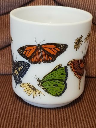 Vintage white coffee mug with R.  Carman butterfly design by Arcopal France 2