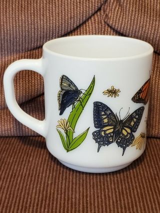 Vintage white coffee mug with R.  Carman butterfly design by Arcopal France 3
