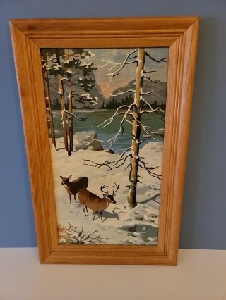 Vintage 1960s Paint By Numbers Winter Deer Scene Tall Painting Completed Framed