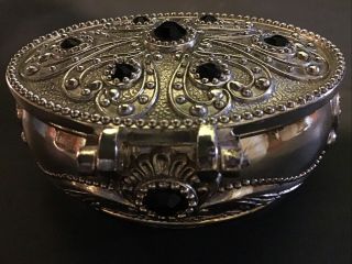 Vintage Ring Trinket Box Silver Plated Black Stones 3”:t Oval And Lined