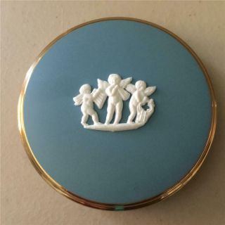 Blue Vintage Gold Tone Compact - Round Blue With Wedgwood Style Cherub Trim