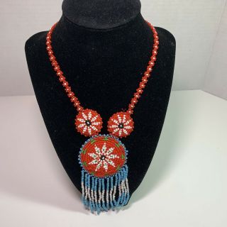 Vintage Handmade Southwestern Style Seed Bead Necklace Native Ethnic Flowers