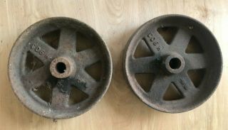 (2) Antique Industrial Cart Cast Iron Spoked Wheels 8 3/4 Diameter " X 2 1/2