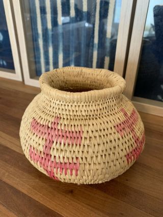Vintage Handwoven Basket Tribal Native Boho Pink Natural Folk Art African Decor