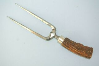 Antique Sterling Silver Stag Antler 10.  5 " Meat Roast Carving Fork