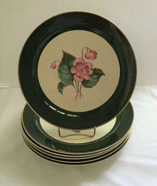 6 Vintage Ts &t Taylor Smith & Taylor Dinner Plates Green Rim Pink Floral Design