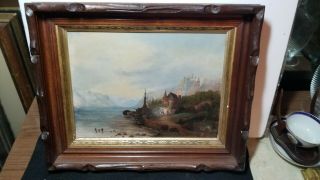 19th C Antique Oil Painting Seascape Winsor Newton Label Boat People