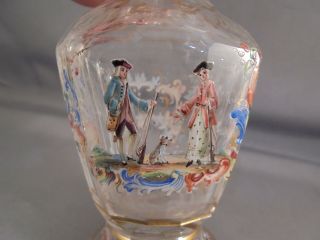 Antique Vintage Cut Glass Perfume Bottle W Hp Enamels Colonial Couple Etc