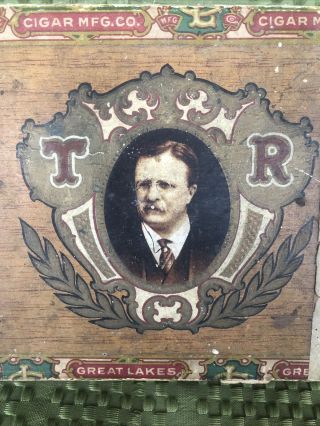 Antique Rare 1915 TEDDY ROOSEVELT Wooden Cigar Box The Real American Great Lakes 3