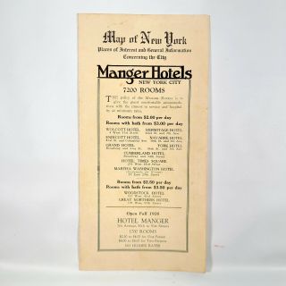 1926 Manger Hotels Map Of York City Vintage Travel Brochure Buildings Ny