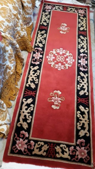 2x7 Vintage Hand Made Chinese Art Deco Wool Rug Carpet Red Dragons Asian Ching D