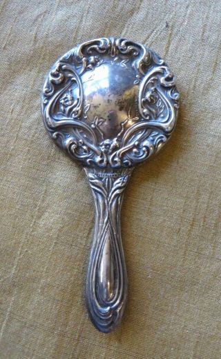 Antique Sterling Silver Art Nouveau Small Hand Held Mirror Beveled 4 1/2 " Long