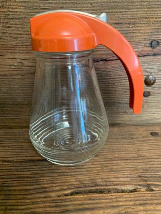 Vintage Syrup Dispenser Orange Top Glass Screw On Top 6 " Tall