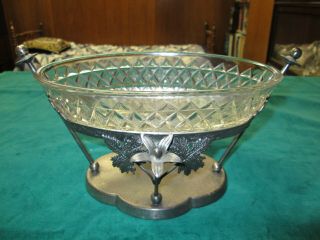 Antique Vintage Brides Basket: Oval Pressed Glass Bowl & Ornate Metal Holder