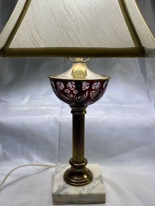 Antique Bohemian Ruby Cranberry Flash Cut To Clear Glass Lamp Brass Marble Base