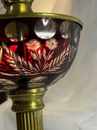 ANTIQUE BOHEMIAN RUBY CRANBERRY FLASH CUT TO CLEAR GLASS LAMP BRASS MARBLE BASE 2