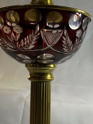 ANTIQUE BOHEMIAN RUBY CRANBERRY FLASH CUT TO CLEAR GLASS LAMP BRASS MARBLE BASE 3